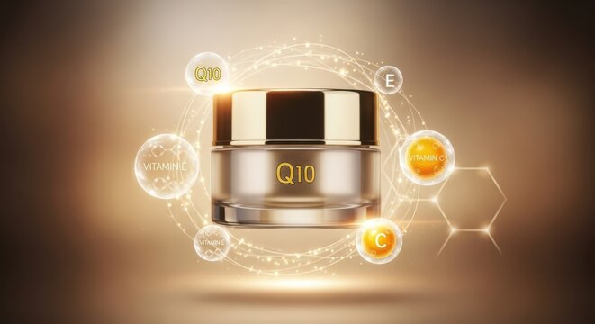 Luxury q10 skincare cream jar with floating vitamin c and e bubbles