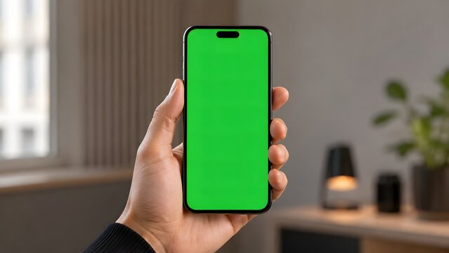 Hand holding a modern smartphone with a vibrant green screen during a soft indoor lighting creating a clean conceptual backdrop for digital content