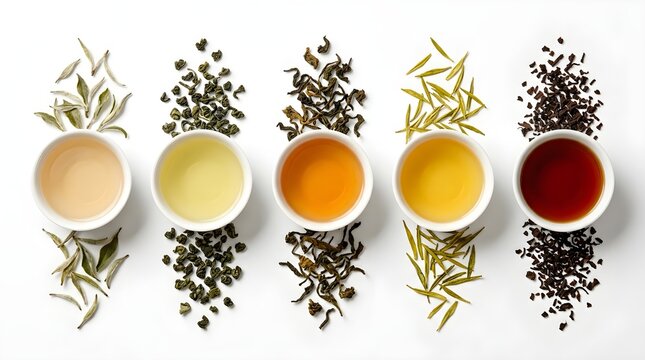Assortment of different tea types in cups symbolizing a 3D GIS spectrum of colors and flavors
