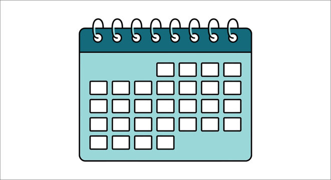 A teal wall calendar with spiral binding and blank date squares is illustrated in a flat style