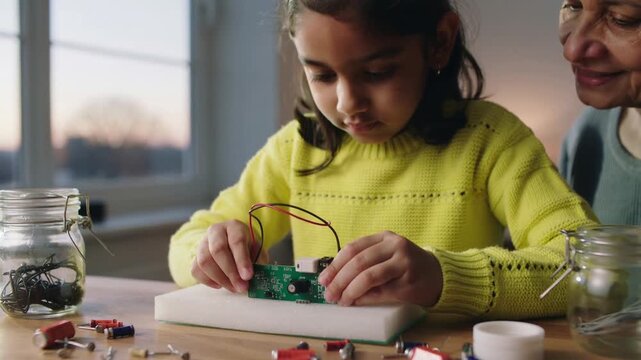 Picking up green circuit board, girl in yellow sweater assembling circuit by window
