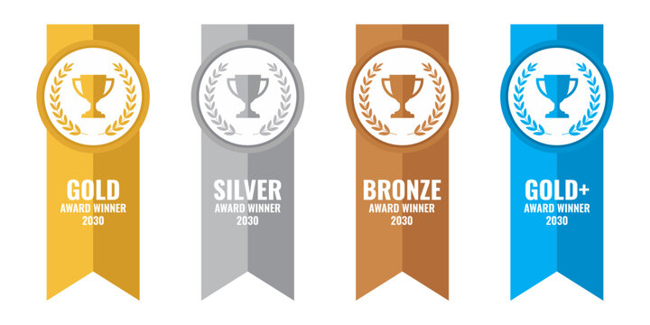 Gold Silver Bronze and Blue Award Winner Ribbon Badge Set, Trophy Laurel Wreath Vector Medals, Achievement Winner Badges for Competition Victory and Quality Guarantee