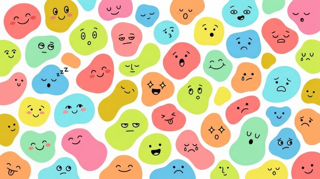 Colorful Abstract Blobs with Cute Facial Expressions and Diverse Emotions Vector Illustration Pattern