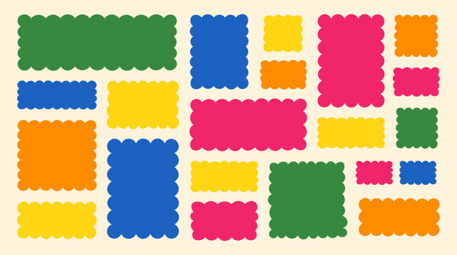 Colorful Scalloped Frame Edge Borders Set, Blank Postage Stamp Label Frames, Wavy Wavy Edged Geometric Stickers Collection, Colorful Decorative Ticket Coupon Badges for Design Layouts