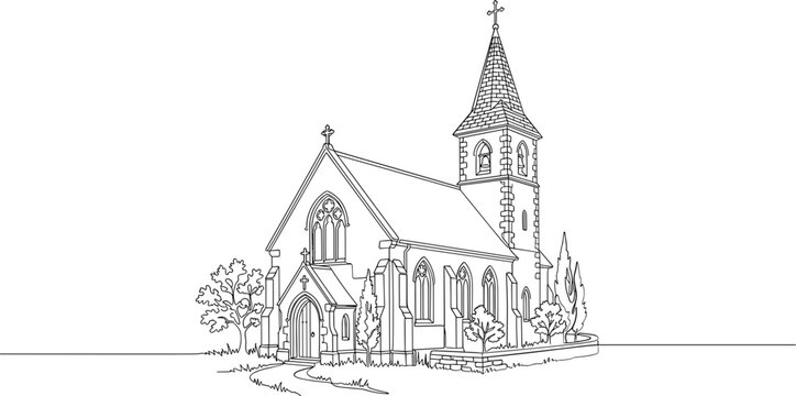 line art drawing of a classic old church with a tall steeple and architectural details.