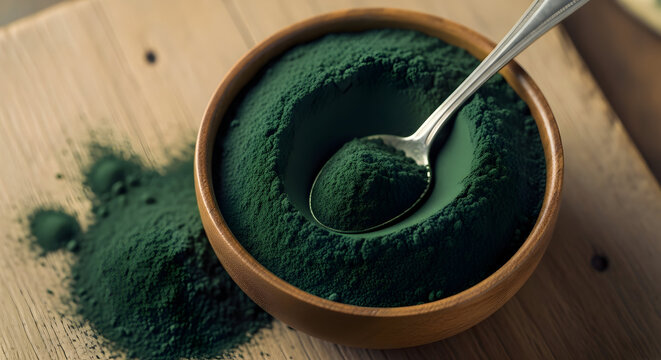 Vibrant green spirulina powder in wooden bowl with spoon, perfect for health, wellness, and nutrition concepts