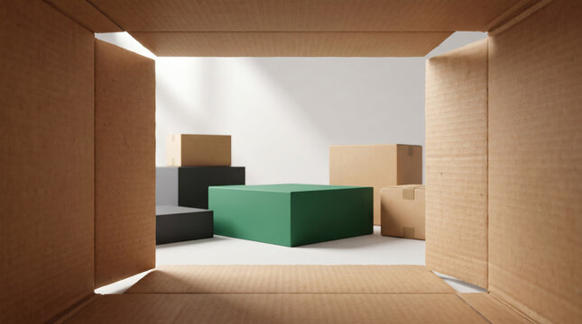 View from inside an open cardboard box looking at packages