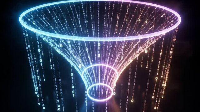 Digital data funnel concept with glowing binary code streams 4k video