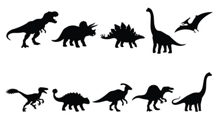 Dinosaur silhouette collection with 10 prehistoric animal vectors, black jurassic creature icons, extinct reptile species set for educational design isolated on White Background © Shahzaib