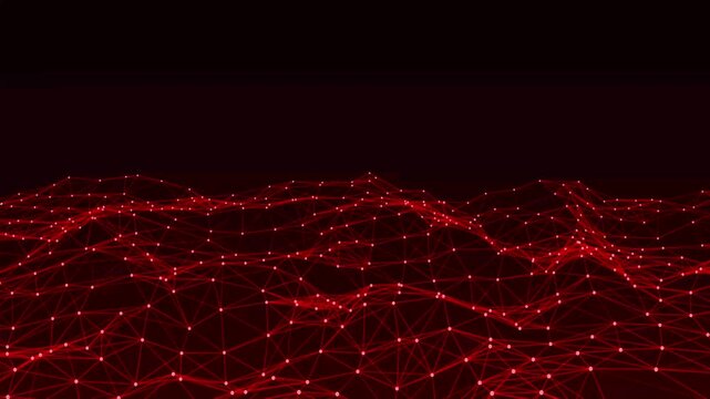 Abstract red glowing network lines and dots forming a digital wave landscape on dark background data connection plexus structure cyber