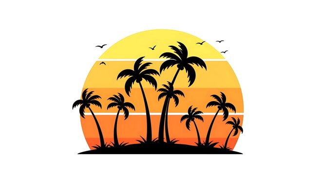 Tropical palm tree silhouettes against a warm striped sunset circle, creating a vibrant retro beach landscape with multiple palms and a peaceful summer atmosphere