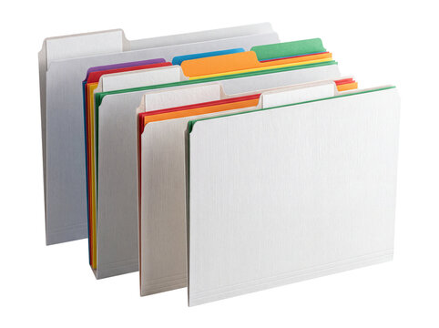 File folders office document organization standing in row with colorful tabs, administrative paper filing system, business archive storage for sorting records isolated on black background.