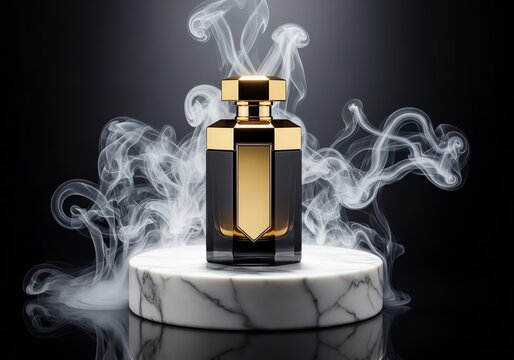 Luxury perfume bottle on marble pedestal with swirling smoke.