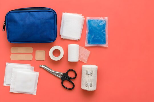 Generic first aid supplies arranged on a coral background