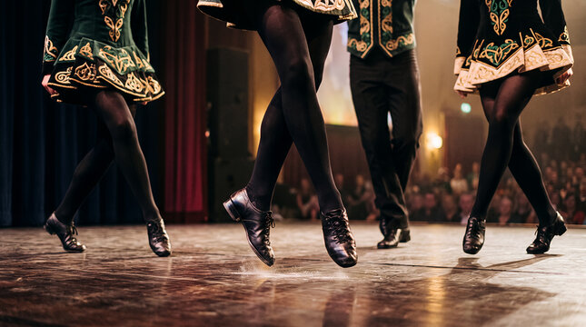 Irish step dancers in hard shoes performing synchronized traditional dance on theater stage