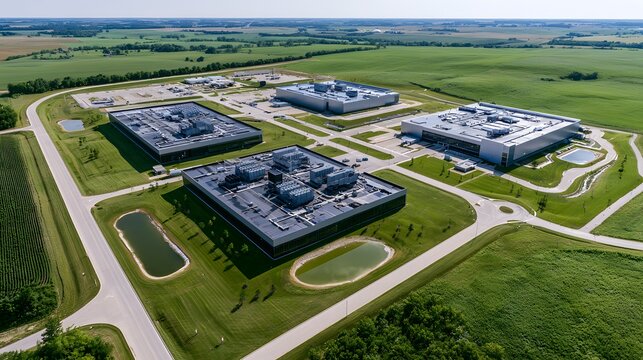 Aerial drone view of modern AI data center campus with cooling ponds