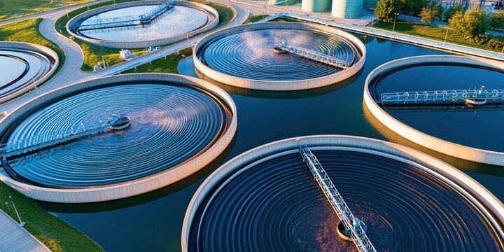 Aerial view of circular water treatment tanks with rippling blue water and industrial equipment at golden hour