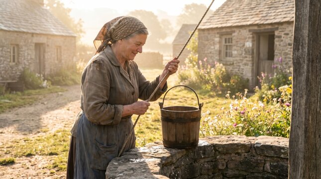 Woman draws water from a stone well using a wooden bucket. A rustic biblical village glows in morning sunlight. The scene evokes faith and devotion in religious storytelling.