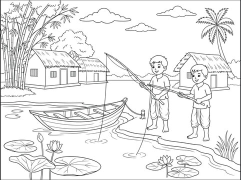 Vector illustration of children playing with fishing nets by a village pond fishing net village life water activity rural environment fishing adventure traditional village black and white