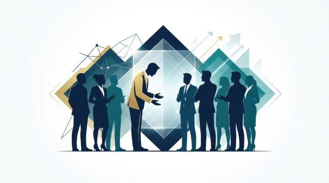A group of business leaders stands in a meeting, discussing issues and sharing insights about corporate strategy and management challenges