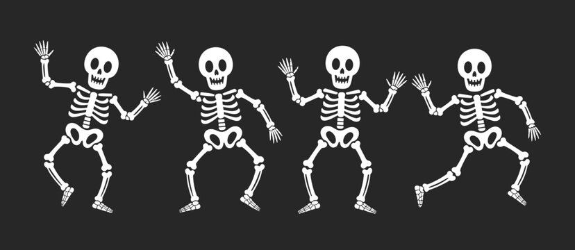 Set of cute cartoon skeletons dancing happily for halloween holiday celebration