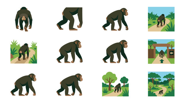 Detailed vector illustration of an adult male chimpanzee, primate animal standing in a side profile view, realistic wildlife graphic for scientific and educational design projects.
