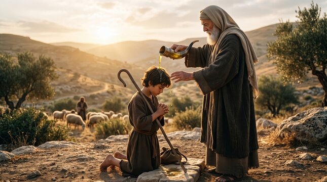 Biblical prophet anoints a kneeling shepherd boy with oil. The sacred scene unfolds among sheep and olive trees in a sunlit ancient landscape. Faith and calling concept.