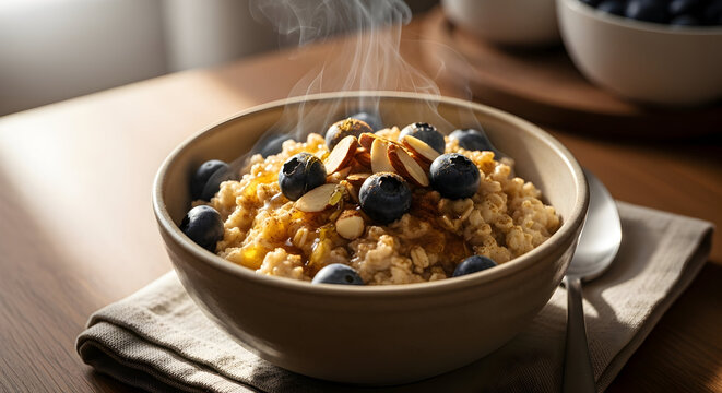 Enjoy delicious, steaming oatmeal topped with fresh blueberries and toasted almonds for a healthy breakfast or snack anytime