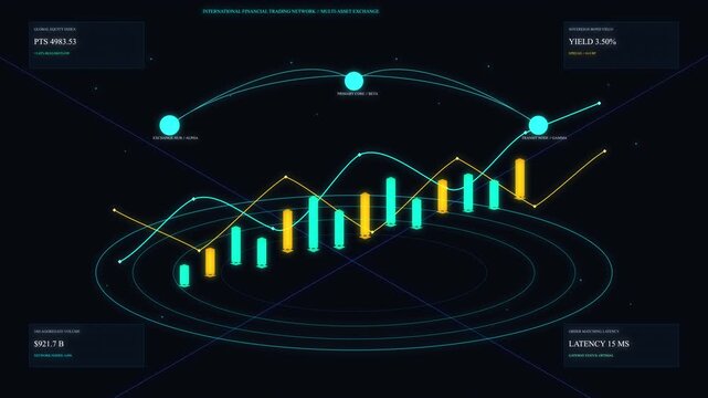 motion graphic showcasing a futuristic digital stock market data analysis with glowing charts and graphs, trading analytics, financial technology