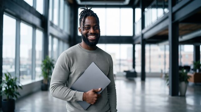 Portrait of happy smiling African American male professional holding laptop in modern open office, representing confident young entrepreneur, business career growth, recruitment and success.