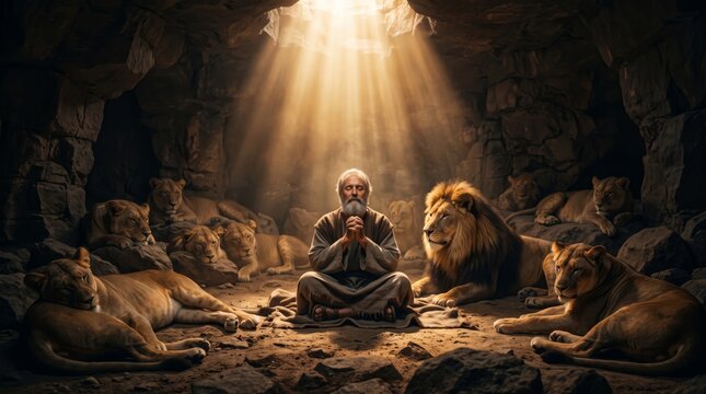 Bearded man prays among resting lions inside a rocky cave. Golden rays illuminate the biblical scene. Symbolic artwork conveys faith, courage, peace, and divine protection.