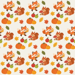 Obraz premium Cute Woodland Fox and Squirrel Autumn Seamless Pattern with Pumpkins, Apples and Leaves Vector Illustration