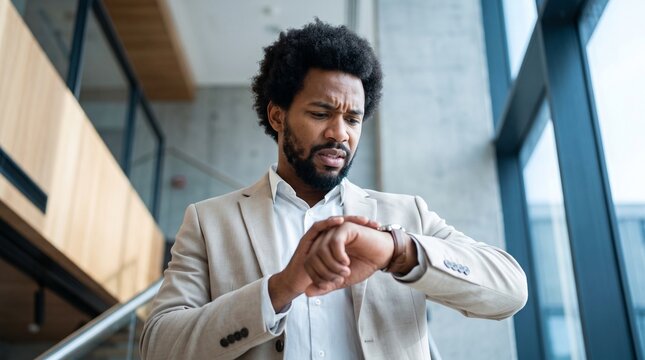 Stressed African American businessman looking at watch checking time delay in corporate office. Worried black male manager anxious about deadline, financial pressure, crisis or schedule late arrival.