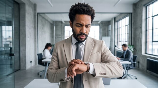 Focused African American businessman checking wristwatch time for important deadline in modern corporate office, symbolizing efficient time management, business productivity and schedule control.
