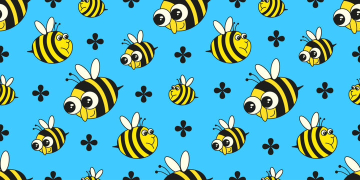Funny fat Bee vector seamless pattern. Fun humor Bee pattern isolated blue background. Perfect kids room wallpaper cover nursery wall decor design and child t-shirt print. Editable stroke EPS 10