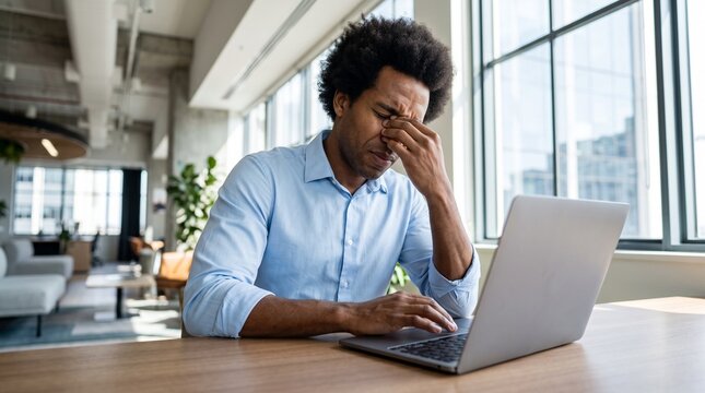Stressed African American businessman rubbing eyes in exhaustion while working on laptop in office, tired black worker suffering headache during global economic inflation financial crisis.