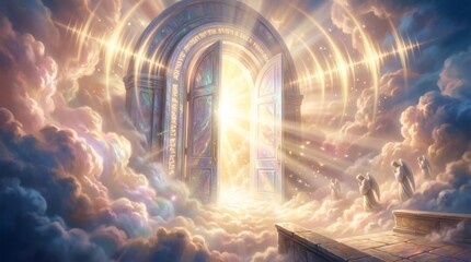 Obraz premium Heavenly gates open above clouds as angels gather near the sacred entrance. Golden light represents paradise and eternal life. Christian imagery expresses faith and hope.
