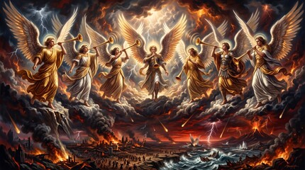 Obraz premium Angels sound trumpets above a burning world. Winged figures gather beneath lightning and storm clouds. Religious art evokes judgment and prophecy.