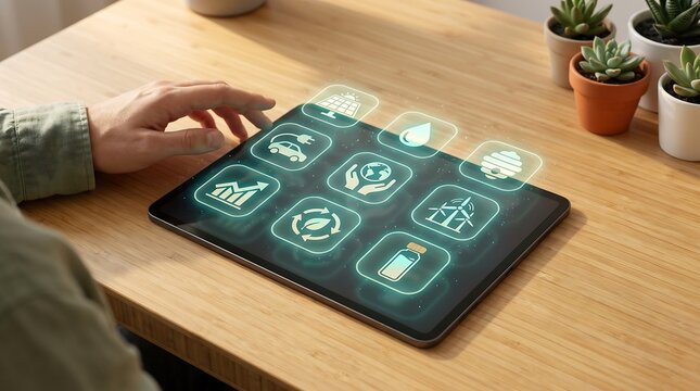 Smart home technology concept with digital icons on a tablet