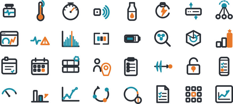 Industrial data analytics icons set, 32 flat vector symbols for smart factory monitoring, digital manufacturing dashboard elements in teal and orange