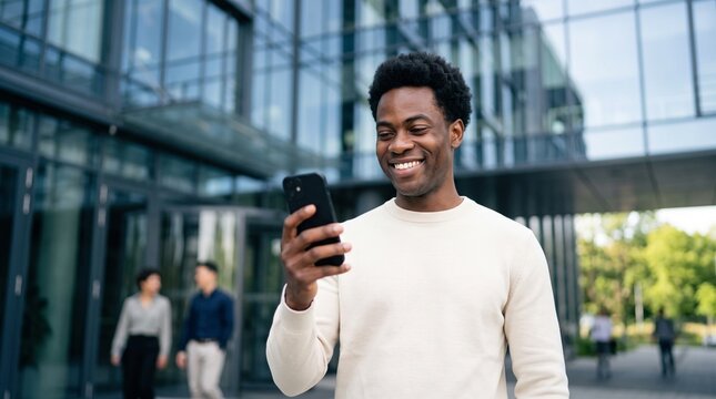 Smiling African American man using smartphone outdoor for mobile banking or digital payment app near glass office building, happy user checking fintech financial investment or online trading