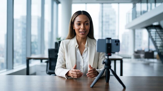 Professional African American businesswoman streaming online webinar on smartphone tripod in modern office, giving financial planning advice, fintech presentation and corporate coaching.