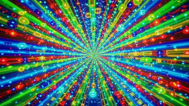 Vibrant abstract tunnel of multicolored glowing particles and light trails radiating toward a bright central point in dynamic motion