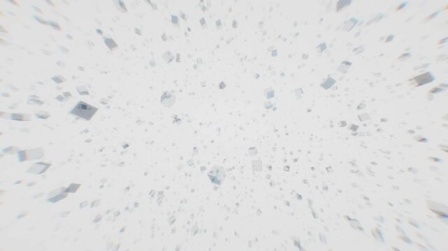 Translucent glass cubes floating and scattering smoothly through bright white spatial background in 3D motion design
