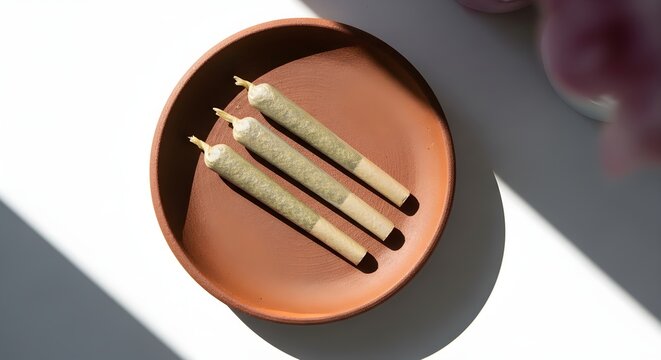 Premium Cannabis Pre-rolls Three hand-rolled marijuana joints in a terracotta bowl under bright natural sunlight ideal for dispensary marketing and CBD wellness blogs.