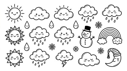 Obraz premium Cute Kawaii Weather Icon Set with Smiling Sun Clouds Rain Snow Rainbow and Moon Doodle Vector Illustrations