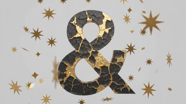 Large ampersand symbol with cracked black texture and golden cracks surrounded by floating gold glitter stars against a plain white background