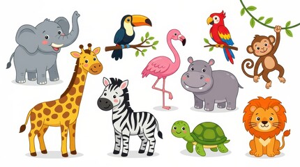 Fototapeta premium Cute Cartoon Wild Animals Collection with Elephant Giraffe Zebra Lion Monkey and More for Kids Design