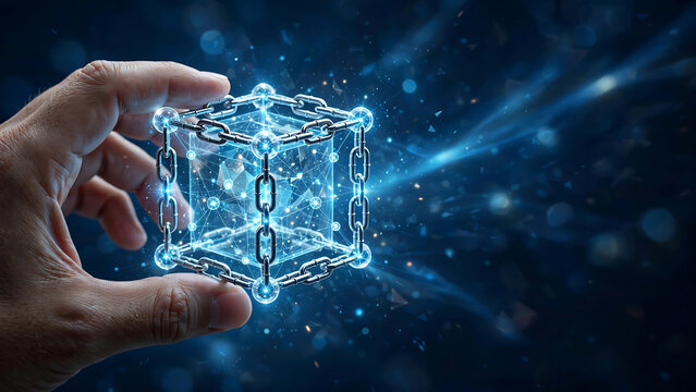 Hand Holding Glowing Blockchain Cube in Dark Digital Environment