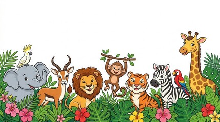 Fototapeta premium Cute Cartoon Jungle Animals Illustration with Lion, Tiger, Elephant, and Giraffe in Tropical Foliage Frame
